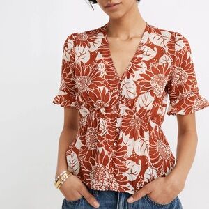 Madewell Silk Journal Keyhole-Sleeve Top in Sunflower Season